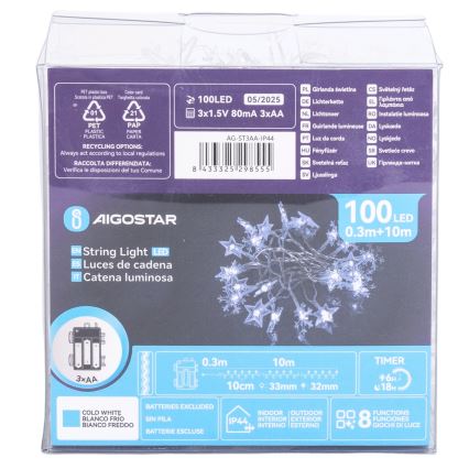 Aigostar - LED-Lichterkette für den Außenbereich 100xLED/8 Funktionen 3xAA 10 m IP44 kaltweiß