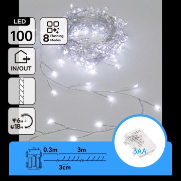 Aigostar - LED-Außen-Weihnachtslichterkette 100xLED/8 Funktionen 3xAA 3,3m IP44 kaltweiß
