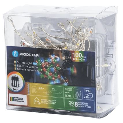 Aigostar - LED-Außen-Weihnachtslichterkette 100xLED/8 Funktionen 3xAA 3,3m IP44 mehrfarbig