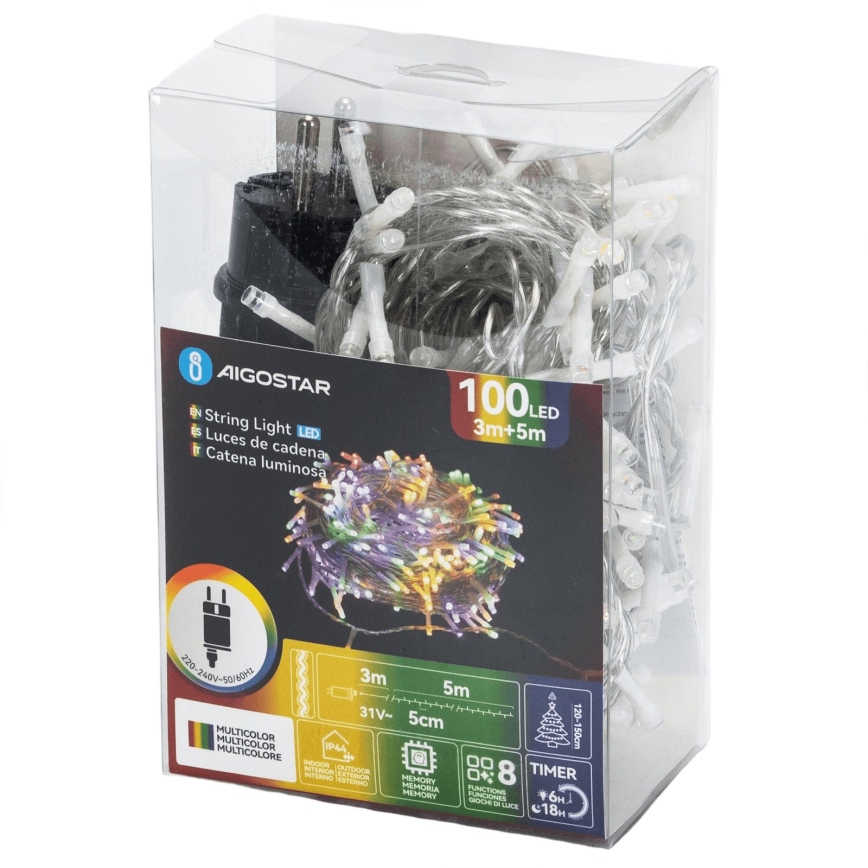 Aigostar - LED-Außen-Weihnachtslichterkette 100xLED/8 Funktionen 5,3m IP44 mehrfarbig