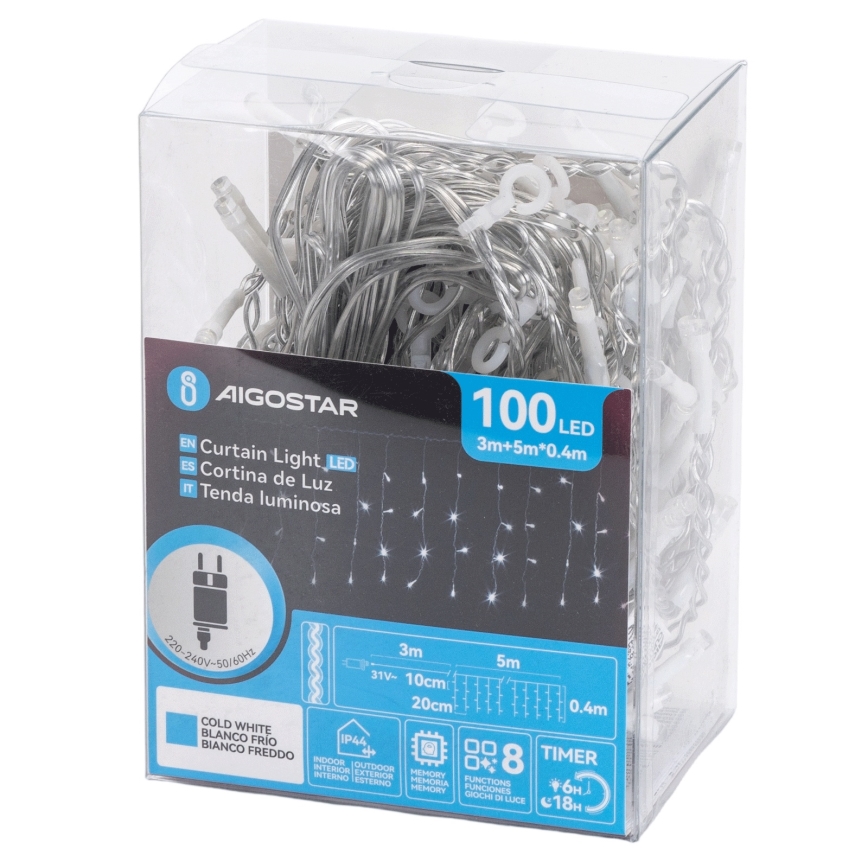 Aigostar - LED-Außen-Weihnachtslichterkette 100xLED/8 Funktionen 5x0,4m IP44 kaltweiß
