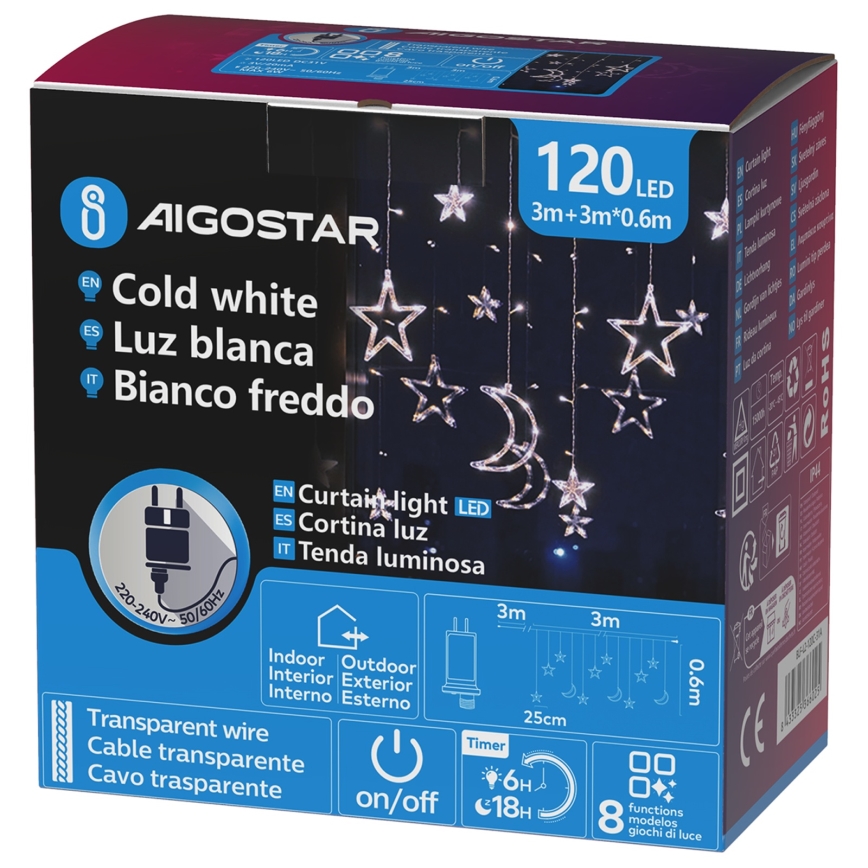 Aigostar - LED Außen-Weihnachtslichterkette 120xLED/6W/230V/8 Funktionen 3x0,6m IP44 kaltweiß + Fernbedienung