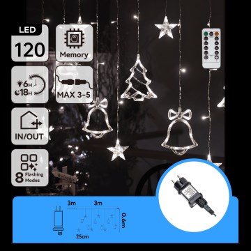 Aigostar - LED-Außen-Weihnachtslichterkette 120xLED/8 Funktionen 3x0,6m IP44 kaltweiß + Fernbedienung