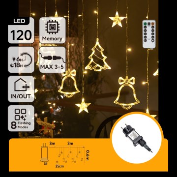 Aigostar - LED-Außen-Weihnachtslichterkette 120xLED/8 Funktionen 3x0,6m IP44 warmweiß + Fernbedienung
