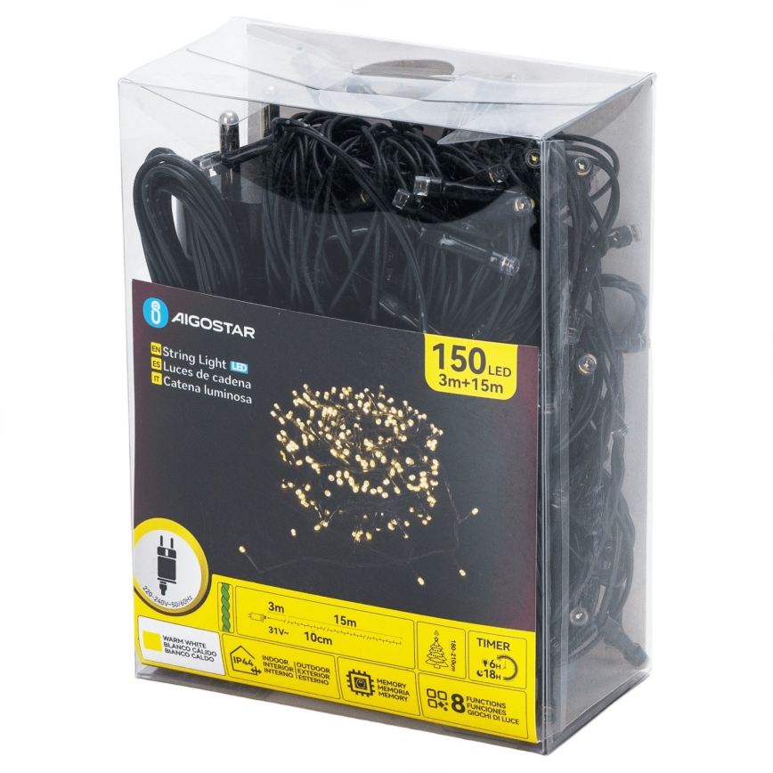 Aigostar - LED Außen-Weihnachtslichterkette 150 LED / 8 Funktionen 18 m IP44 warmweiß