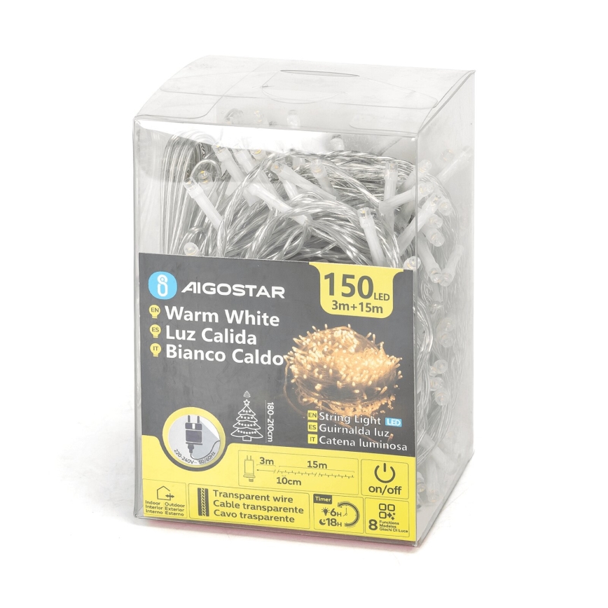 Aigostar - LED-Außen-Weihnachtslichterkette, 150 LEDs, 8 Funktionen, 18 m, IP44, warmweiß