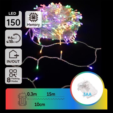Aigostar - LED Außen-Weihnachtslichterkette 150xLED/8 Funktionen 3xAA 15,3m IP44 mehrfarbig