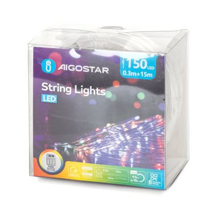Aigostar - LED Weihnachtslichterkette für den Außenbereich 150xLED/8 Funktionen 3xAA 15,3m IP44 mehrfarbig
