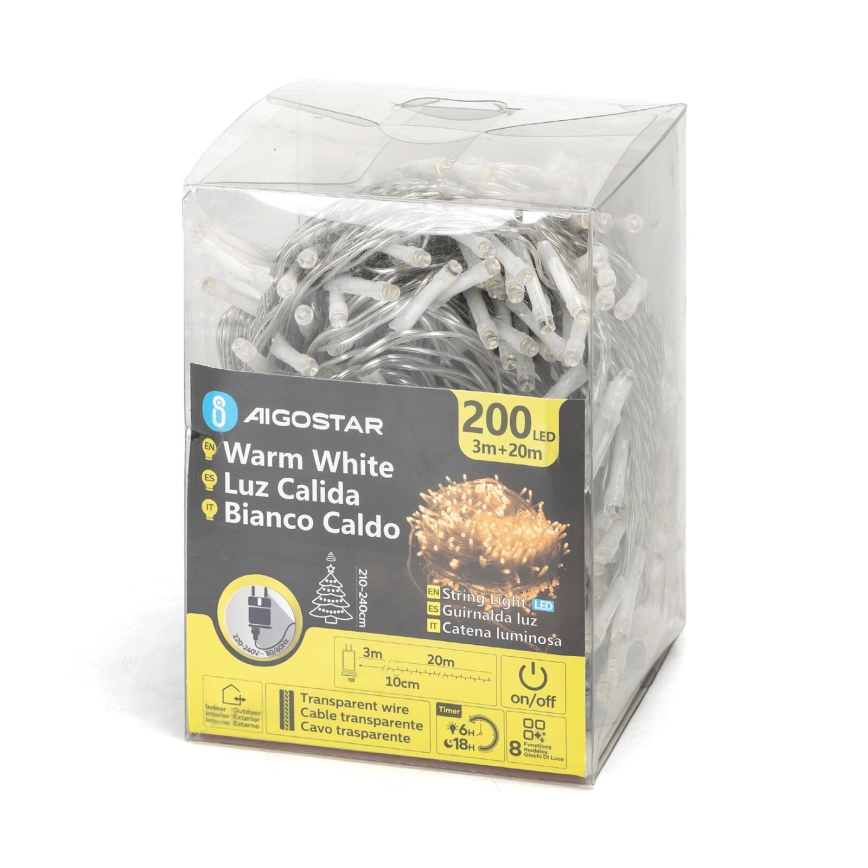 Aigostar - LED-Außen-Weihnachtslichterkette 200 LEDs/8 Funktionen, 23 m, IP44, warmweiß