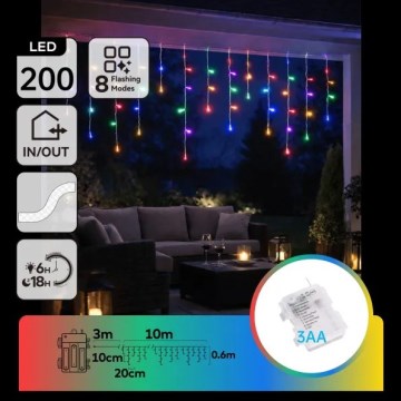 Aigostar - LED-Außen-Weihnachtslichterkette 200 LEDs/8 Funktionen 3xAA 13x0,6 m IP44 mehrfarbig