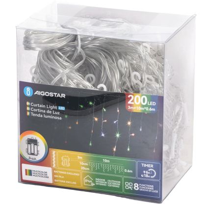 Aigostar - LED-Außen-Weihnachtslichterkette 200 LEDs/8 Funktionen 3xAA 13x0,6 m IP44 mehrfarbig