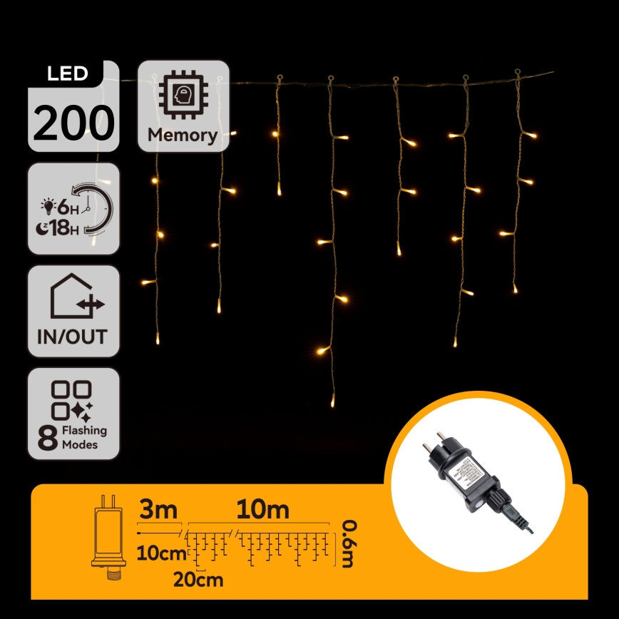 Aigostar - LED Außen-Weihnachtslichterkette 200xLED/8 Funktionen 13x0,6m IP44 warmweiß