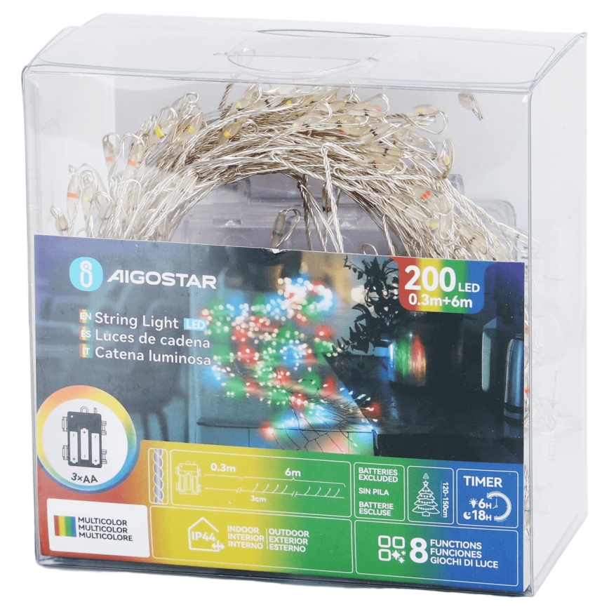 Aigostar - LED-Außen-Weihnachtslichterkette 200xLED/8 Funktionen 3xAA 6,3 m IP44 mehrfarbig