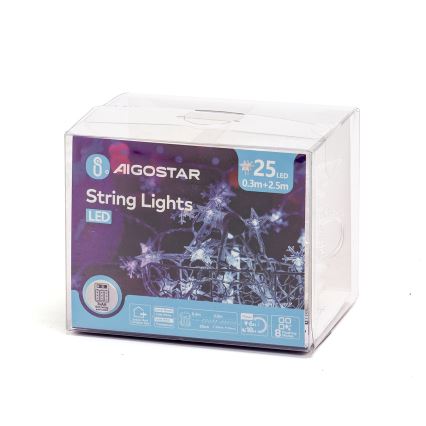 Aigostar - LED Außen Weihnachtslichterkette 25xLED/8 Funktionen 3xAA 2,5 m IP44 kaltweiß