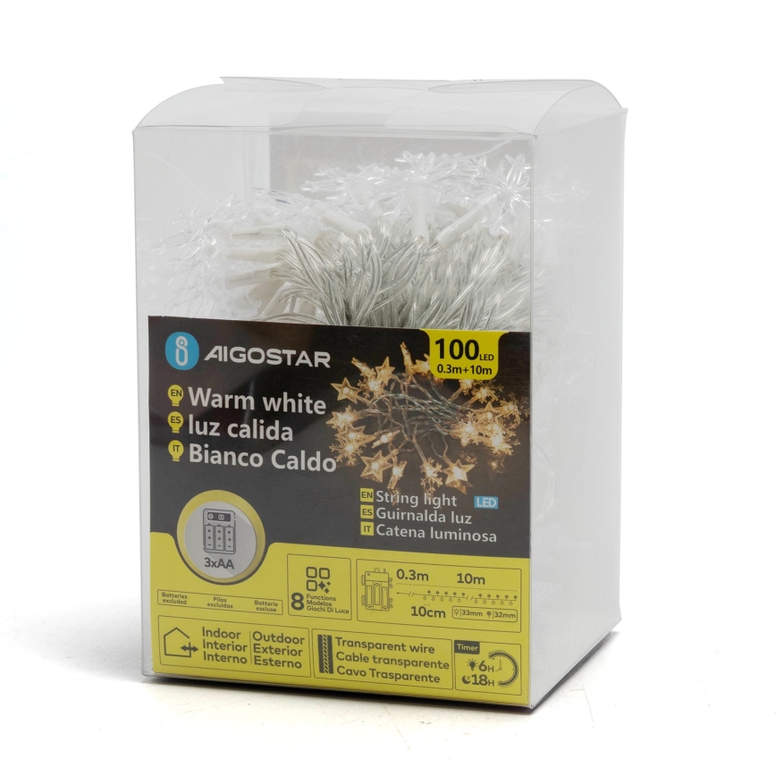 Aigostar - LED-Außen-Lichterkette, 25 LEDs, 8 Funktionen, 3×AA, 2,5 m, IP44, warmweiß, mit Sternen