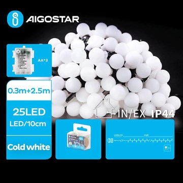 Aigostar - LED Außen-Weihnachtslichterkette 25xLED/3xAA/8 Funktionen 2,8 m IP44 kaltweiß