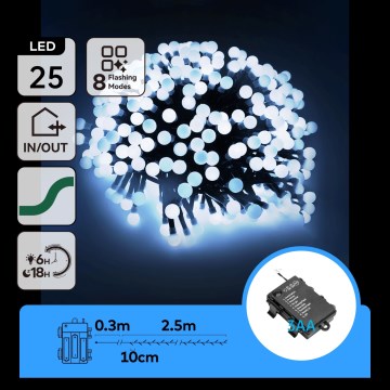 Aigostar - LED-Außen-Weihnachtslichterkette 25xLED/8 Funktionen 3xAA 2,8m IP44 kaltweiß