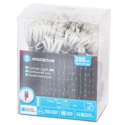 Aigostar - LED-Außen-Weihnachtslichterkette 288 LEDs / 8 Funktionen 1,5 x 1,8 m IP44 kaltweiß