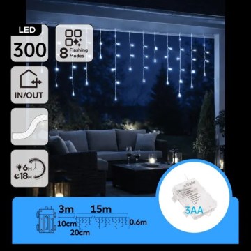 Aigostar - LED-Außen-Weihnachtslichterkette 300 LEDs / 8 Funktionen, 3xAA, 18x0,6 m, IP44, kaltweiß