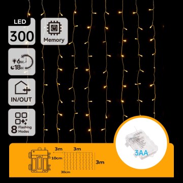 Aigostar - LED-Außen-Weihnachtslichterkette 300 LEDs/8 Funktionen 3xAA 6x3m IP44 warmweiß