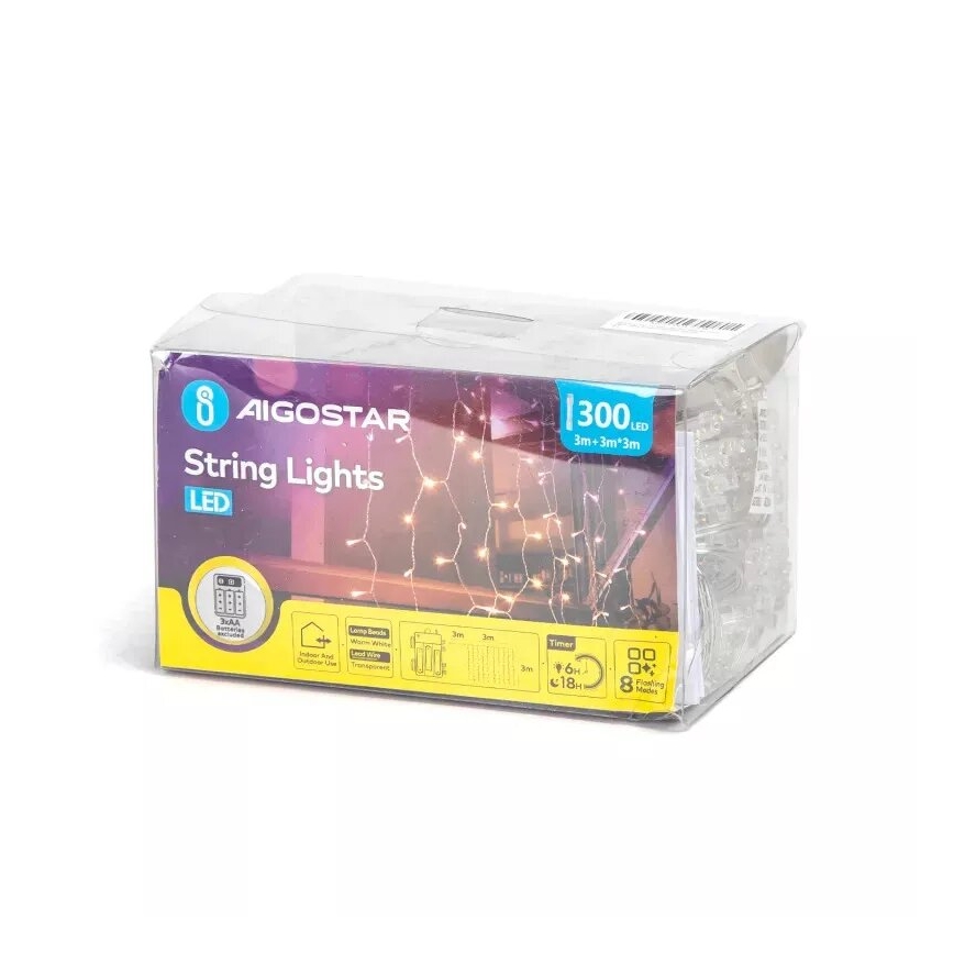 Aigostar - LED-Außen-Weihnachtslichterkette 300 LEDs/8 Funktionen 3xAA 6x3m IP44 warmweiß