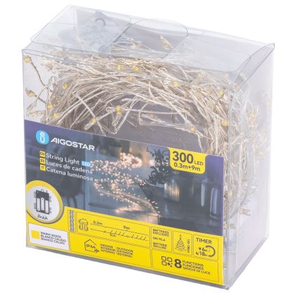 Aigostar - LED-Außen-Weihnachtslichterkette 300 LEDs / 8 Funktionen 3xAA 9,3 m IP44 warmweiß