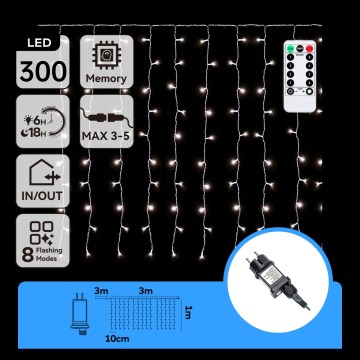 Aigostar - LED-Außen-Weihnachtslichterkette 300xLED/8 Funktionen 3x1m IP44 kaltweiß + Fernbedienung