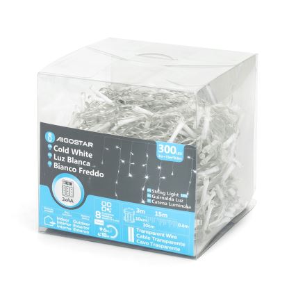 Aigostar - LED-Außen-Weihnachtslichterkette 300 LEDs / 8 Funktionen, 3xAA, 18x0,6 m, IP44, kaltweiß