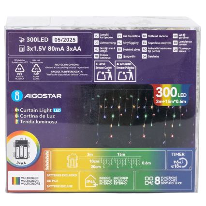 Aigostar - LED-Lichterkette für den Außenbereich, 300 LEDs, 8 Funktionen, 3xAA, 18x0,6 m, IP44, mehrfarbig