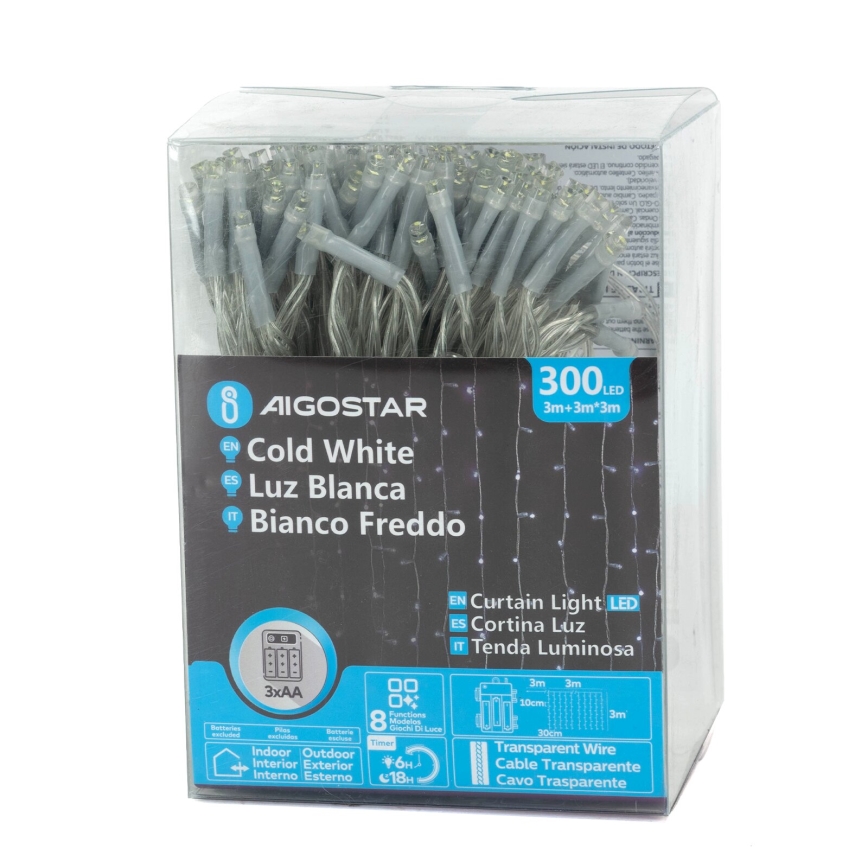 Aigostar - LED-Weihnachts-Lichterkette für den Außenbereich 300 LEDs/8 Funktionen 3xAA 6x2m IP44 Kaltweiß