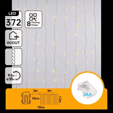 Aigostar - LED-Außen-Weihnachtslichterkette 372xLED/8 Funktionen 3xAA 6x1,2m IP44 warmweiß