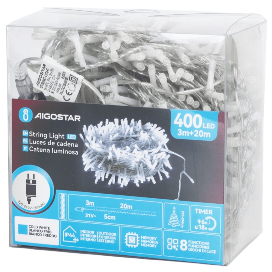 Aigostar - LED-Außen-Weihnachtslichterkette, 400 LEDs, 8 Funktionen, 23 m, IP44, kaltweiß