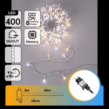Aigostar - LED-Außen-Weihnachtslichterkette 400 LEDs / 8 Funktionen 43 m IP44 warmweiß/kaltweiß