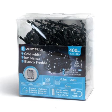 Aigostar - LED-Lichterkette für den Außenbereich, 400 LEDs, 8 Funktionen, 4xAA, 20,3 m, IP44, kaltweiß