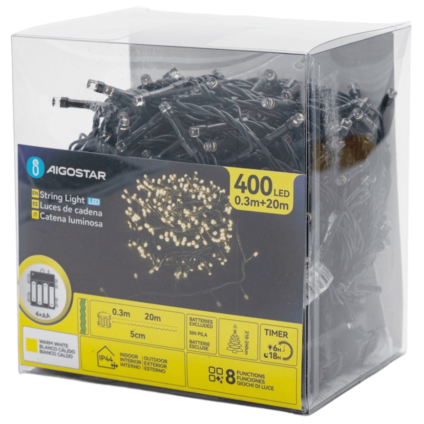Aigostar - LED-Weihnachtslichterkette für den Außenbereich, 400xLED/8 Funktionen, 4xAA, 20,3 m, IP44, warmweiß