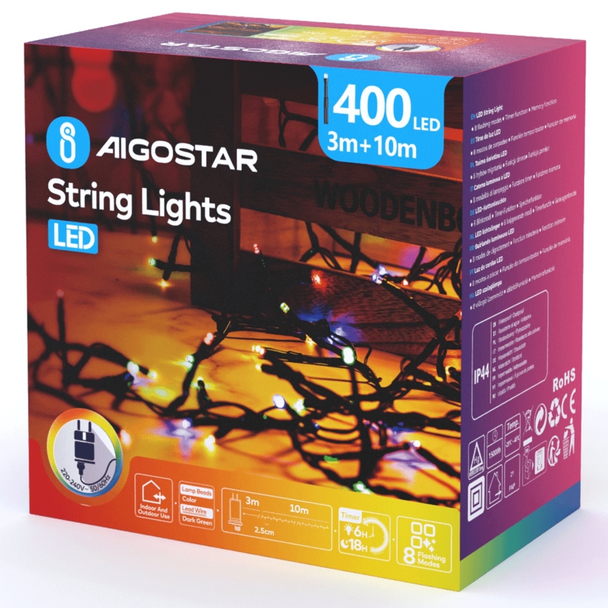 Aigostar - LED-Außen-Weihnachtslichterkette 400xLED/8 Funktionen 13 m IP44 mehrfarbig