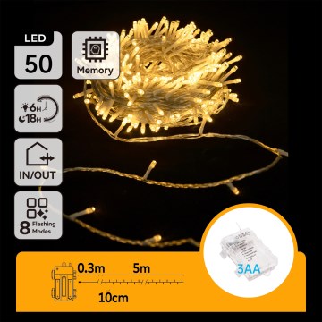 Aigostar - LED-Außen-Weihnachtslichterkette 50 LEDs / 8 Funktionen / 3xAA / 5,3 m / IP44 / warmweiß