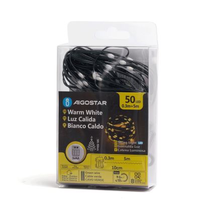 Aigostar - LED-Außen-Weihnachtslichterkette, 50 LEDs, 8 Funktionen, 3× AA-Batterien, 5,3 m, IP44, warmweiß