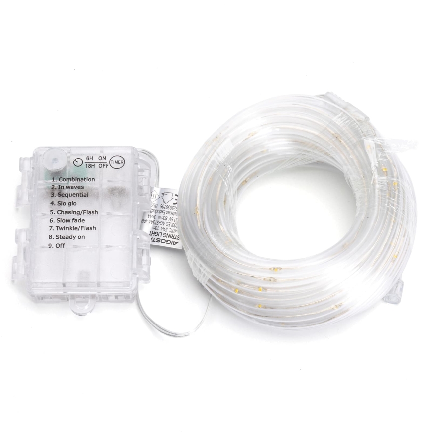 Aigostar - LED-Außen-Weihnachtslichterkette 50 LEDs / 8 Funktionen, 3×AA, 5,3 m, IP44, warmweiß