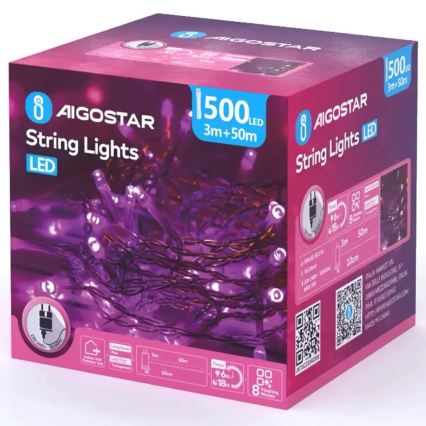 Aigostar - LED-Außen-Weihnachtskette 500 LEDs/8 Funktionen 53m IP44 rosa
