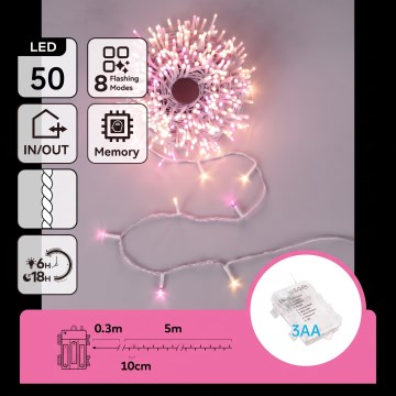 Aigostar - LED-Außen-Weihnachtslichterkette 50xLED/8 Funktionen 3xAA 5,3m IP44 rosa/warmweiß