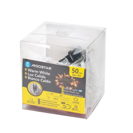 Aigostar - LED-Außen-Weihnachtslichterkette 50xLED/8 Funktionen 8 m IP44 warmweiß