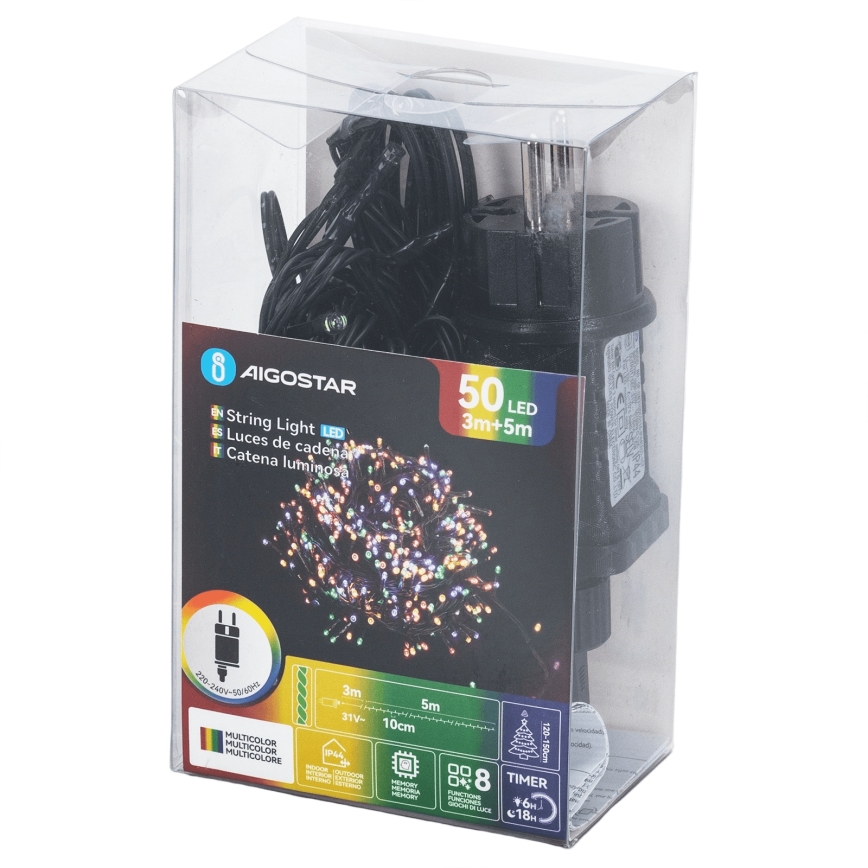 Aigostar - LED-Außen-Weihnachtslichterkette 50xLED/8 Funktionen 8m IP44 mehrfarbig