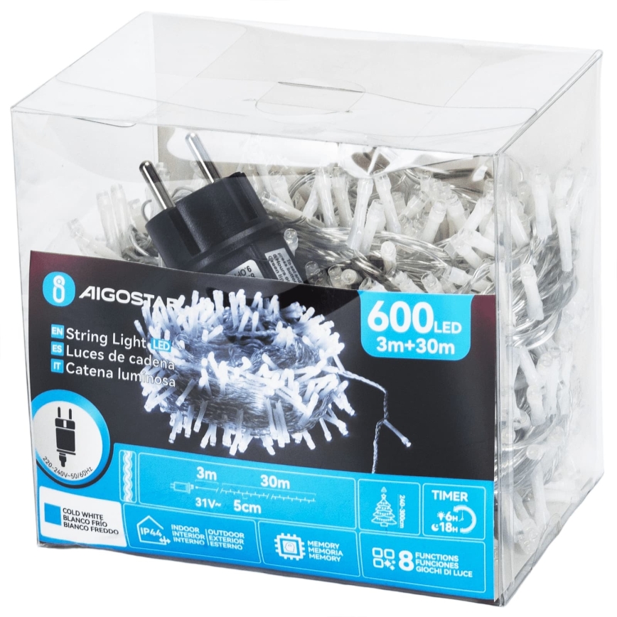 Aigostar - LED-Außen-Weihnachtslichterkette 600 LEDs/8 Funktionen 33m IP44 Kaltweiß