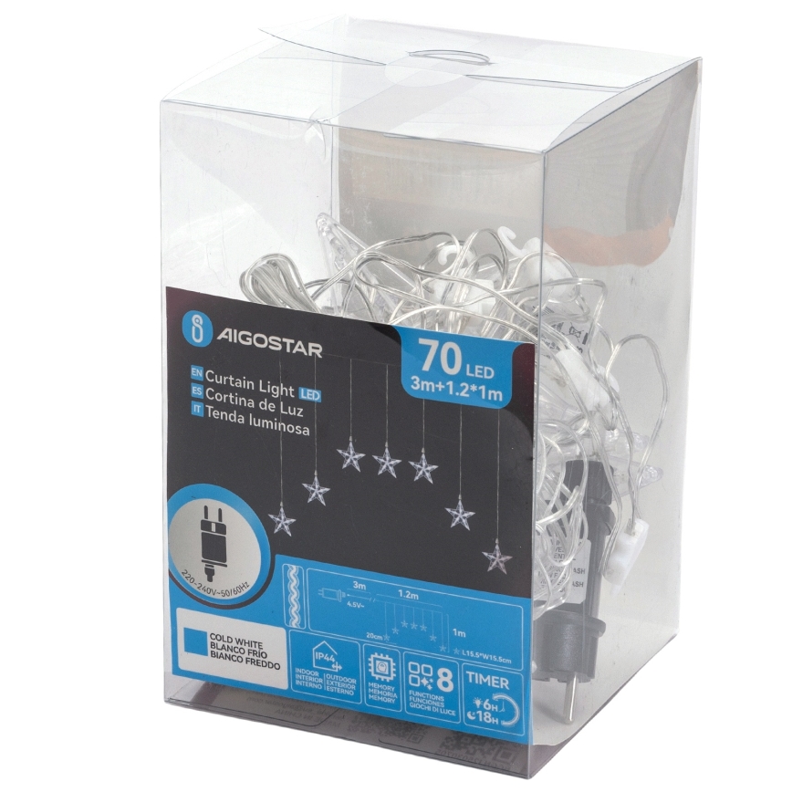 Aigostar - LED-Außen-Weihnachtslichterkette 70 LEDs 1,2x1m IP44 kaltweiß mit Sternen