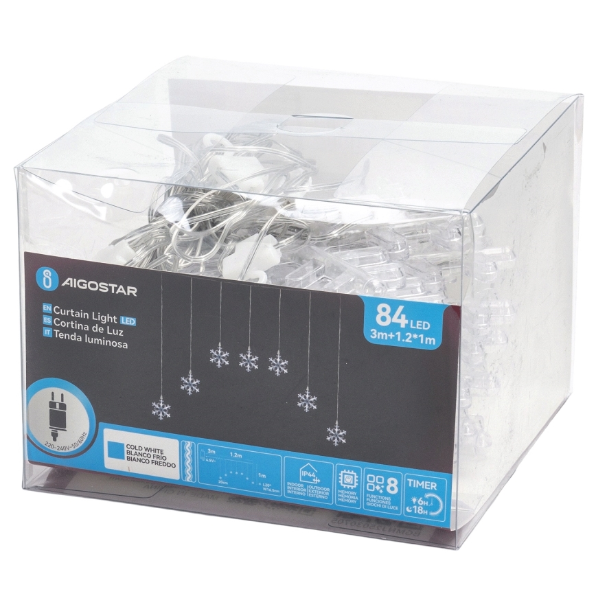 Aigostar - LED Außen-Weihnachtslichterkette 84xLED/8 Funktionen 1,2x1m IP44 kaltweiß Schneeflocken