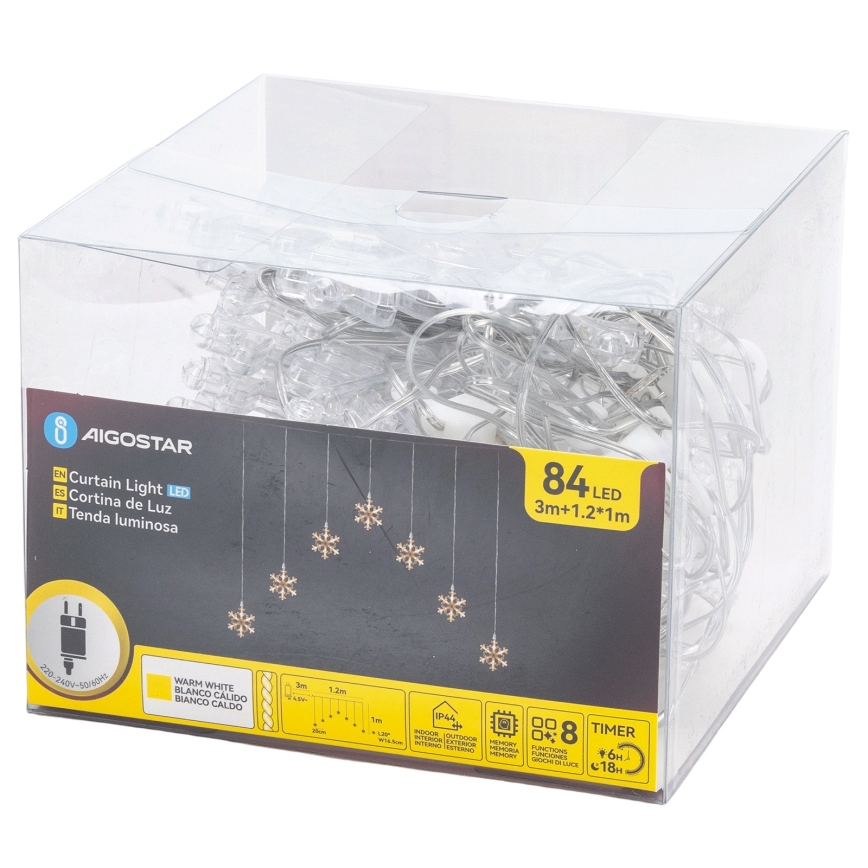Aigostar - LED Außen-Weihnachts-Lichterkette 84xLED/8 Funktionen 1,2x1m IP44 warmweiß mit Schneeflocken
