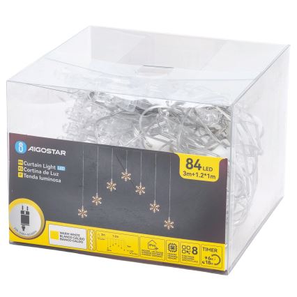 Aigostar - LED-Außen-Weihnachts-Lichterkette 84xLED/8 Funktionen 1,2x1m IP44 warmweiß Schneeflocken