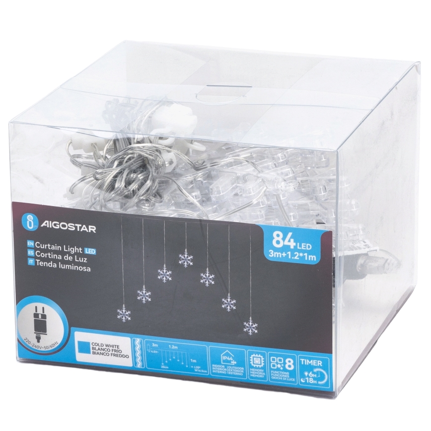 Aigostar - LED-Außen-Weihnachtslichterkette, 84 LEDs / 8 Funktionen, 1,2×1 m, IP44, kaltweiß, Schneeflocken