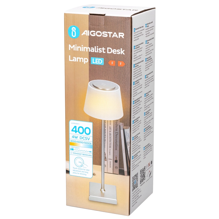 Aigostar - LED-Outdoor-Tischleuchte, dimmbar und wiederaufladbar LED/4W/5V 3600mAh weiß/matt Chrom IP54